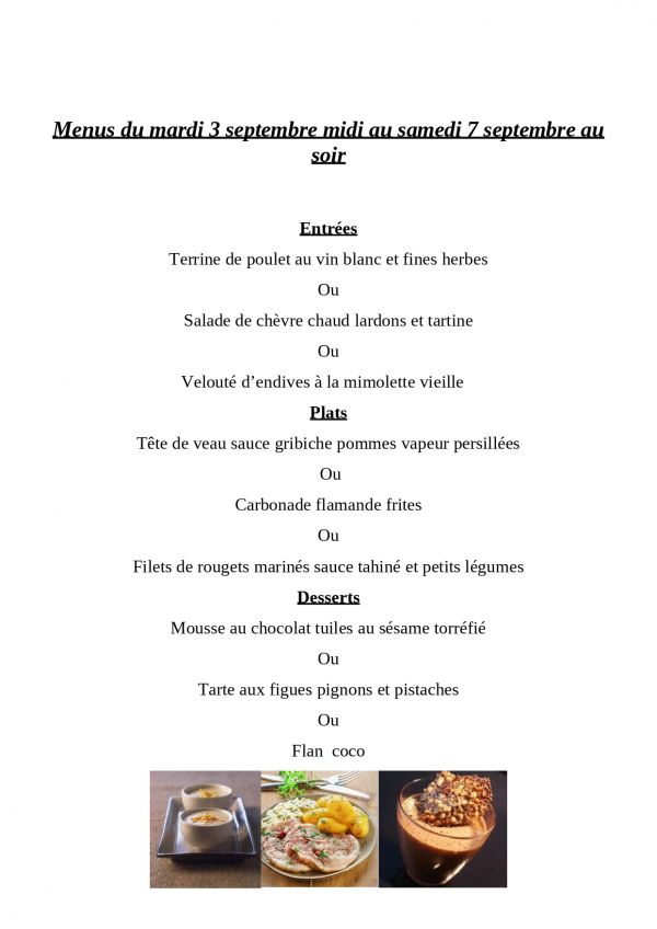 Menus du mardi 3 septembre midi au samedi 7 septembre au soir