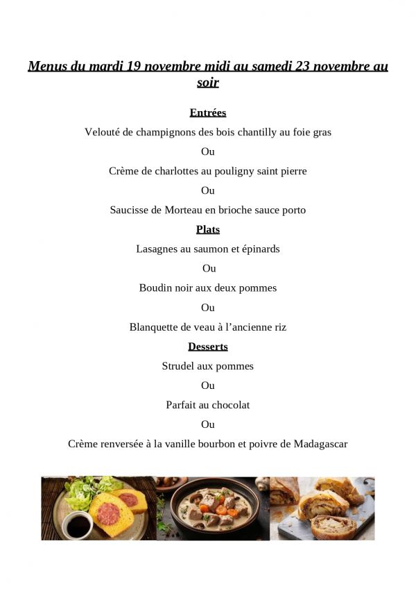 Menus du mardi 19 novembre midi au samedi 23 novembre au soir